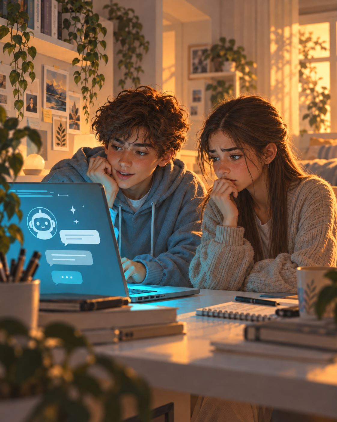 Dos adolescentes miran juntos un computador con un chat de inteligencia artificial; ella se ve preocupada